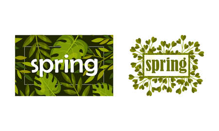 Spring Frame with Green Foliage and Leafy Plant Vector Setのイラスト素材