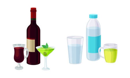 Alcohol with Red Wine Bottle and Still Water as Drink and Beverage Vector Setのイラスト素材