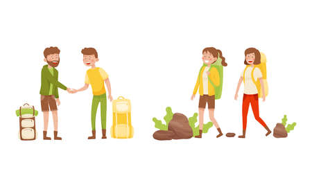 Smiling Man and Woman with Backpack Hiking or Trekking Vector Setのイラスト素材