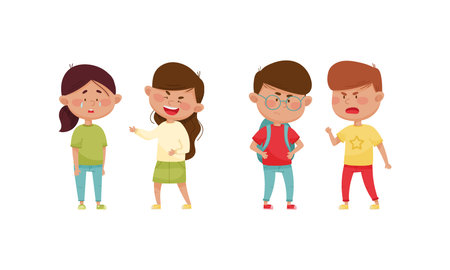 Warring Boy and Girl with Offensive Behavior Insulting Agemate Mocking and Laughing at Them Vector Setのイラスト素材
