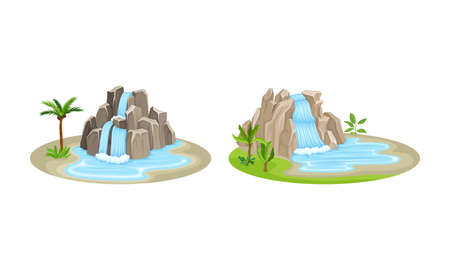 Waterfall with Water Flowing Over Vertical Steep Drop Vector Setのイラスト素材