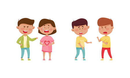 Warring Boywith Offensive Behavior Insulting Crying Girl Agemate Vector Setのイラスト素材
