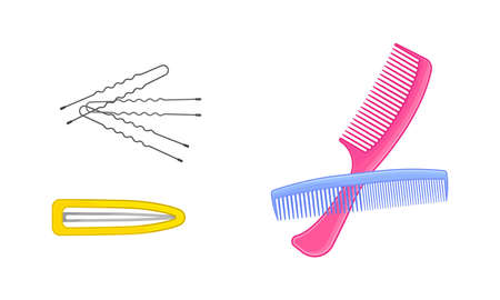 Hair accessories for girlish hairstyle set. Hairpins and plastic combs for hair cartoon vector illustrationのイラスト素材