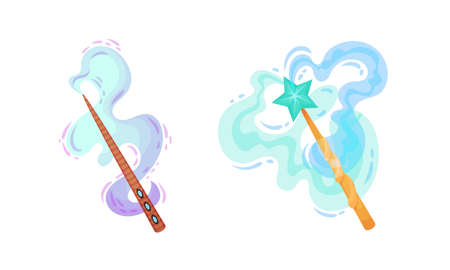 Fairy magic wands set. Fairy sticks with sparkles and smoke cartoon vector illustrationのイラスト素材