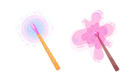 Fairy magic wands with magic crystals set. Fairy sticks with sparkles cartoon vector illustrationのイラスト素材