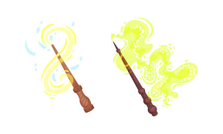 Fairy magic wands casting spells set. Fairy sticks cartoon vector illustrationのイラスト素材