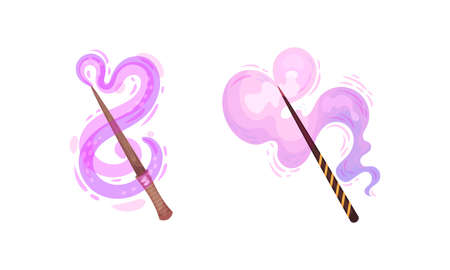 Fairy magic wands with purple smoke set. Fairy sticks wand casting spells cartoon vector illustrationのイラスト素材