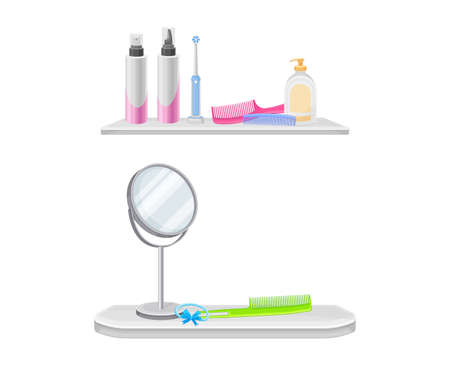 Bath accessories set. Shelves with cosmetic bottles, mirror, comb vector illustrationのイラスト素材