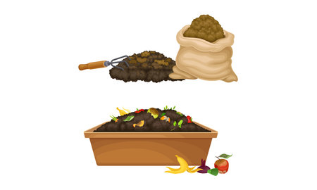 Organic fertilizers for gardening, farming and agriculture industry set. Compost box with bio recycling garbage and humus vector illustrationのイラスト素材