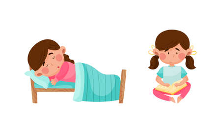 Cute girl daily routine activities set. Child sleeping in her bed and reading book cartoon vector illustrationのイラスト素材