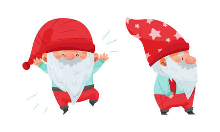 Set of Christmas gnome characters. Cute joyful bearded gnome in red cap cartoon vector illustrationのイラスト素材