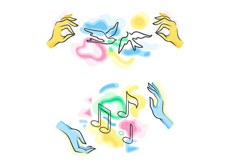 Ecology and environment protection set. Human hands with music notes and birds hand drawn vector illustrationのイラスト素材