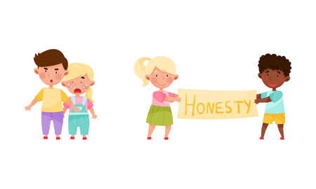 Honest and fair children set. Kids protecting younger one and holding banner with honesty inscription cartoon vector illustrationのイラスト素材