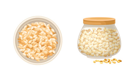 Cereal grains set. Bowl and glass jar of wheat, barley or rye grains vector illustrationのイラスト素材