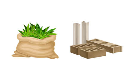 Hemp leaves processing products set. Fire reinforced concrete blocks vector illustrationのイラスト素材