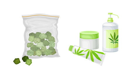 Cannabis hemp processing products set. Cosmetics production vector illustrationのイラスト素材