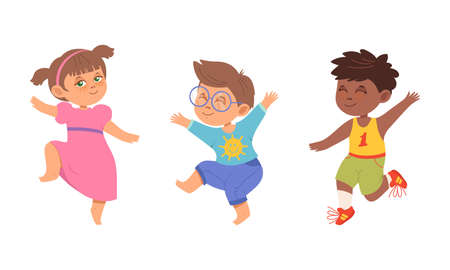 Happy kids dancing set. Energetic little children in motion cartoon vector illustrationのイラスト素材