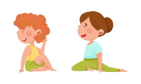 Kids doing yoga set. Cute girls doing sports exercises cartoon vector illustrationのイラスト素材