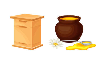 Beekeeping and honey production set. Wooden beehive and pot of honey vector illustrationのイラスト素材