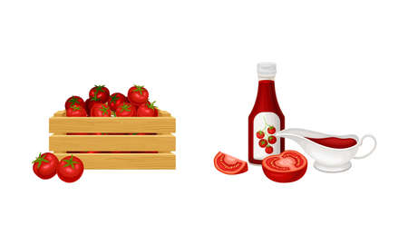 Crate of ripe tomatoes and bottle of ketchup vector illustrationのイラスト素材