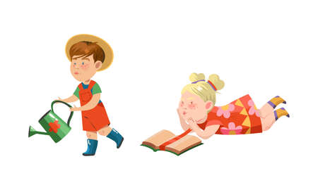 Set of kids hobbies. Children watering plants and reading book cartoon vector illustrationのイラスト素材