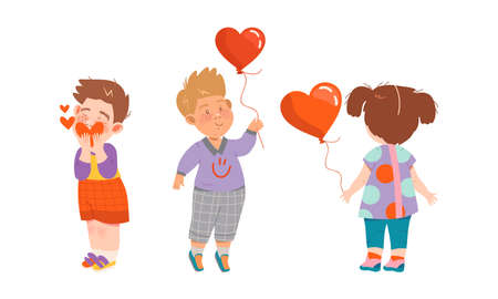 Adorable kids in love set. Cute children with heart shaped balloons cartoon vector illustrationのイラスト素材