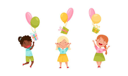 Set of happy girls holding balloons and gift boxes cartoon vector illustrationのイラスト素材