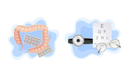 Human organs examination and treatment set. Bowel treatment and vision examination vector illustrationのイラスト素材