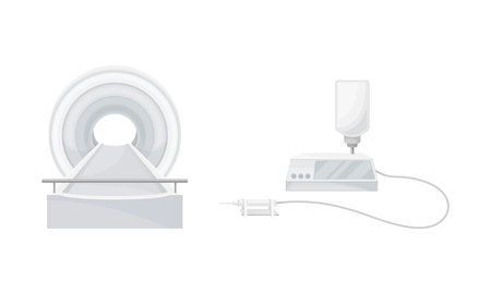 Hospital clinic medical diagnostic devices set. MRI Scanner and anesthesia machine vector illustrationのイラスト素材
