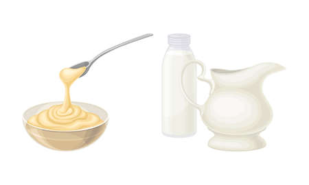 Dairy products set. Bowl of condensed milk, jug and a bottle of milk vector illustrationのイラスト素材