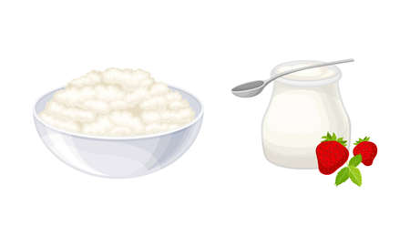 Dairy products set. Bowl of cottage cheese and jar of yogurt vector illustrationのイラスト素材