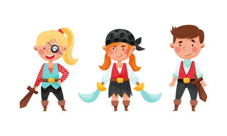 Happy kids dressed in pirate costumes holding daggers having fun at pirate party cartoon vector illustrationのイラスト素材