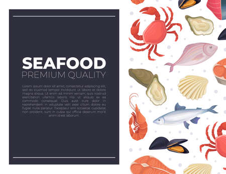 Seafood card template. Restaurant or fishery product market advertising, flyer, banner design vector illustrationのイラスト素材