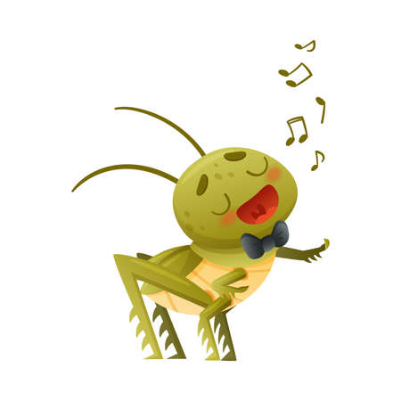Cute green grasshopper in black bow tie singing song. Funny baby insect mascot cartoon character vector illustrationのイラスト素材