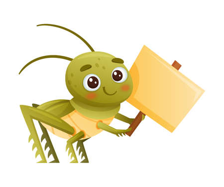 Cute green grasshopper holding blank sign board. Funny baby insect mascot cartoon character vector illustrationのイラスト素材