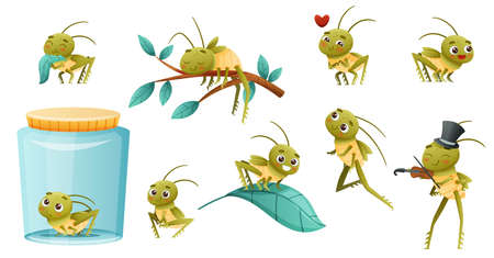 Cute little grasshopper doing various activities set. Funny baby insect cartoon character vector illustrationのイラスト素材