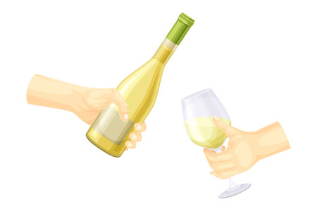 Hands holding glass and bottle of champagne vector illustrationのイラスト素材