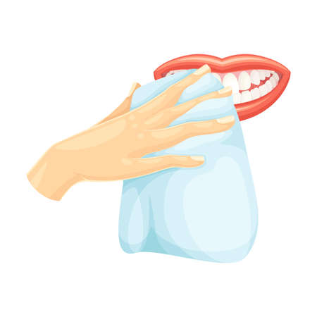 Hand cleaning tongue with dental wipe. Mouth with white teeth. Oral hygiene vector illustrationのイラスト素材