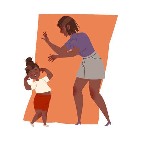 Mother scolding her daughter. Girl covering her ears with her hands. Family communication concept vector illustrationのイラスト素材