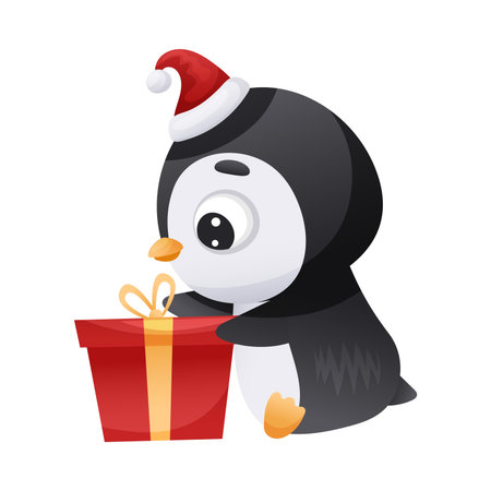 Cute penguin in Santa hat with gift box. Adorable funny baby bird cartoon character. New year and Christmas design vector illustrationのイラスト素材