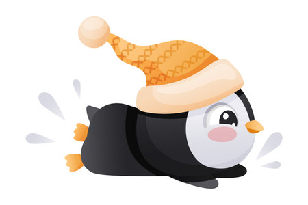 Cute penguin wearing hat jumping into water. Adorable funny baby bird cartoon character vector illustrationのイラスト素材