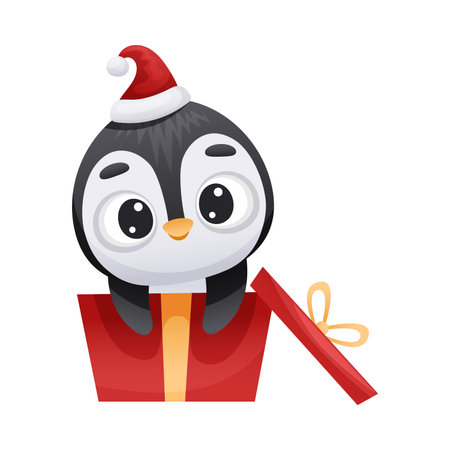 Cute penguin in Santa hat sitting in red gift box. Adorable funny baby bird cartoon character. New year and Christmas design vector illustrationのイラスト素材