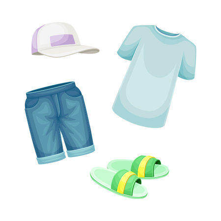 Summer clothes for boy set. T-shirt, denim shorts and flip flops cartoon vector illustrationのイラスト素材