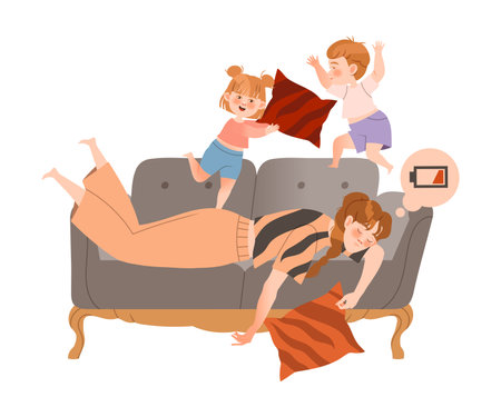Tired sleepy mother lying on couch, mischievous kids fighting with pillow cartoon vector illustrationのイラスト素材