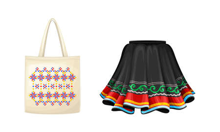 Peru country related symbols set. National clothing and bag with traditional ornament cartoon vector illustrationのイラスト素材