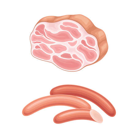 Set of meat products. Sausages and bacon, meat shop assortment vector illustrationのイラスト素材