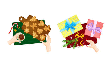 Christmas dinner table. Top view of human hands and festive objects on table vector illustrationのイラスト素材