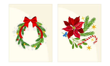 Xmas wreath with holly berry, poinsettia, fir tree branches. Merry Christmas and Happy New Year Holidays card templates set vector illustrationのイラスト素材
