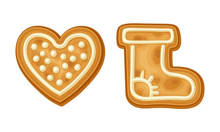 Gingerbread cookies of heart and boot shape set. Baked festive biscuits in icing sugar cartoon vector illustrationのイラスト素材