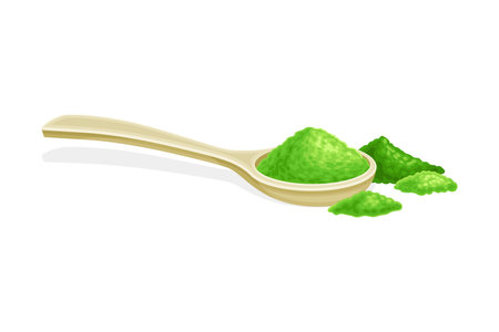 Spoon of spirulina powder. Organic dietary supplement, antioxidant superfood vector illustrationのイラスト素材